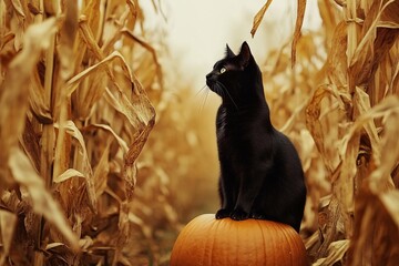 Cute black cat kitten silhouette on a Halloween pumpkin with white eyes under the moon at night