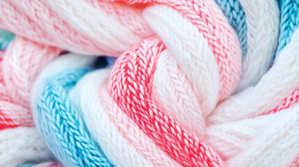 Close-up of soft, colorful knitted yarn strands intertwined in comforting braid pattern featuring vibrant red, delicate pink, pure white, and serene blue hues