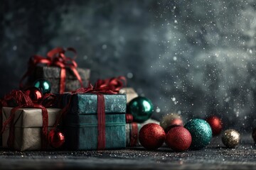 Festive pile of wrapped christmas presents adorned with red ribbons and colorful baubles on a dark textured background with scattered snow
