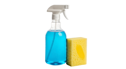 Clear Spray Bottle with Blue Liquid and Yellow Sponge  isolated on transparent background, png 