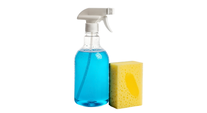 Clear Spray Bottle with Blue Liquid and Yellow Sponge  isolated on transparent background, png 