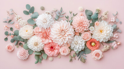 Elegant overhead view of pastel floral arrangement featuring blooming dahlias, delicate roses, and eucalyptus foliage on soft blush pink background, embodying grace and natural beauty.
