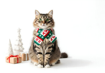 [Generative AI] 크리스마스 목도리와 선물 상자 옆에 앉아있는 장모 고양이