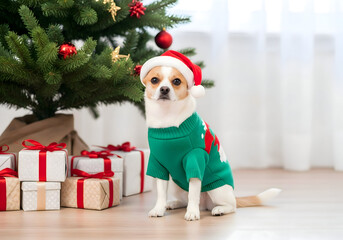 [Generative AI] 산타 모자와 크리스마스 스웨터를 입은 강아지와 트리 아래 선물