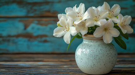 Beautiful fresh white flowers arranged in speckled light blue pottery vase on textured rustic wooden surface with blurry teal background
