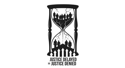 A symbolic hourglass with human silhouettes instead of sand, illustrating the legal maxim 'Justice delayed is justice denied'.