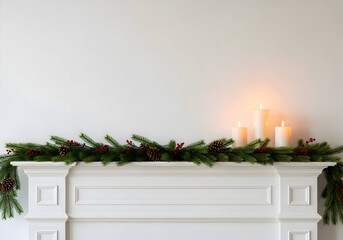 [Generative AI] 흰색 벽난로 위 가랜드 장식과 켜진 양초