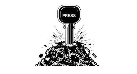 A key with the word "PRESS" on it breaking a chain with the word "LIES" on it.