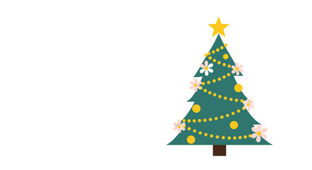 Stylized green Christmas tree decorated with yellow lights and floral ornaments, topped with a star.