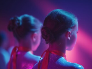 Young dancers huddle backstage under a dramatic spotlight, glittering costumes and neat buns catching colorful stage light as they wait, excited and focused before their recital