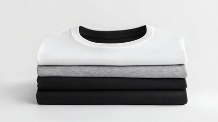 Stacking pile of folded blank black, grey, gray, and white t-shirts with a round neck and a white background cutout. A mockup template for graphic design artwork,

