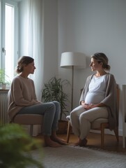 Obraz premium Pregnant woman receiving support from a doula during a home visit, engaging in a caring conversation about pregnancy, maternal health, and childbirth preparation