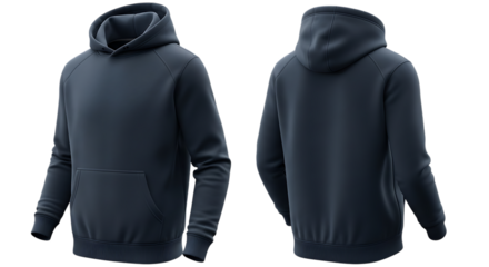 Isolated plain navy blue hoodie front and back views mockup