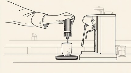 Line art illustration of barista tamping espresso, simple monochrome outlines, minimalist cafe concept
