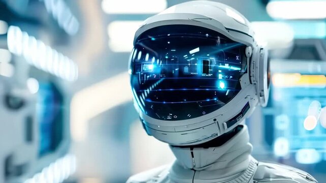 A man in a white space suit with a futuristic helmet