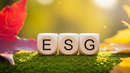 ESG sustainability wooden cube on moss with autumn leaf fall foliage and warm light conveying carbon neutral economy optimistic environmental message
