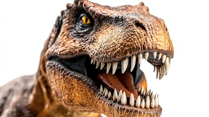 Close-up of a fierce T-Rex figurine with sharp teeth, capturing its menacing essence and primal power.