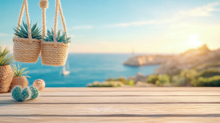 Warm summer day overlooking sparkling blue sea with hanging succulent planters, pineapple decorations, and tiny cacti on rustic wooden deck, evoking serene Mediterranean vacation vibe.