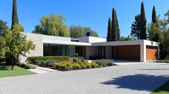 Luxury house entrance under a clear blue sky, showcasing elegance and tranquility in a serene outdoor setting.