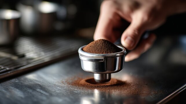 Macro photo of barista tamping espresso grounds, stainless steel counter reflection, professional detail, realistic textures, studio lighting - Powered by Adobe