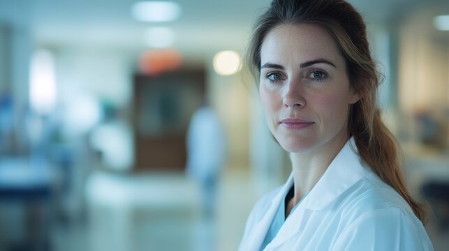 Compassionate female healthcare professional in a white coat, embodying care and dedication in her role.