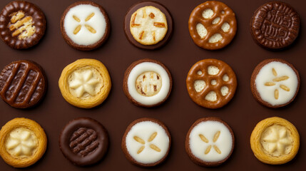 Overhead close-up shot of diverse assortment of artisanal cookies and biscuits with various textures, toppings, and and fillings, neatly arranged in rows on rich brown background creating delightful c