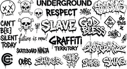 Black and white graffiti collection with skulls and text art