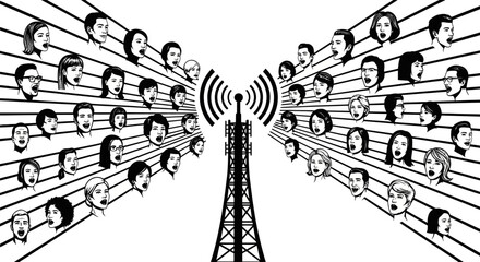 Illustration depicting a communication tower transmitting signals to numerous individuals, symbolizing widespread connectivity.
