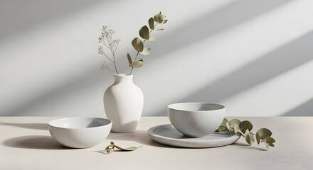 Minimalist still life composition with white vase and dried eucalyptus branch, alongside matching stone bowls and plates on a light beige surface.