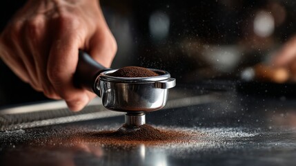 Macro photo of barista tamping espresso grounds, stainless steel counter reflection, professional detail, realistic textures, studio lighting