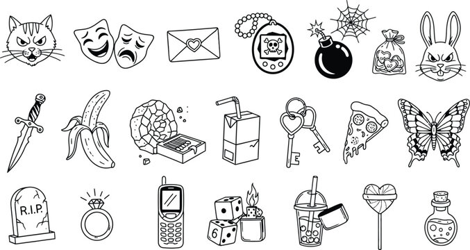 Collection of hand drawn objects in black and white style