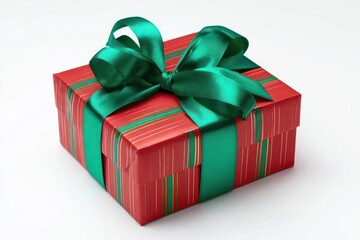 Festive red and green striped gift box tied with a lush satin ribbon bow for holiday celebrations