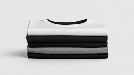 Stacking pile of folded blank black, grey, gray, and white t-shirts with a round neck and a white background cutout. A mockup template for graphic design artwork,
