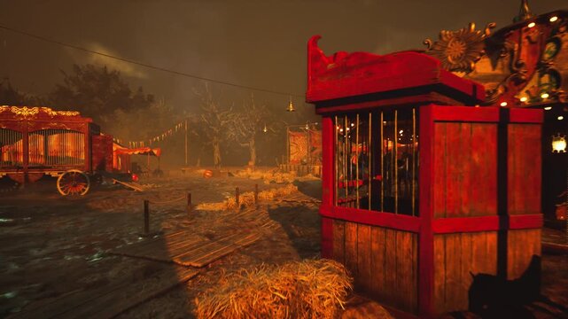 A photorealistic 3D CGI dark and cinematic background scene of a deserted, post-apocalyptic carnival or circus. Features creepy tents and ruins under an orange sky. Ideal for horror, fantasy, and game
