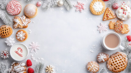 Cozy Christmas Flat Lay with Assorted Festive Cookies, Warm Hot Chocolate, Milk, Frosted Pine Branches, and Winter Snowflakes on Light Background