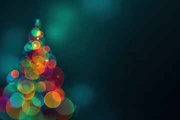 Abstract christmas tree shape formed by colorful bokeh lights on a dark teal background with copy space