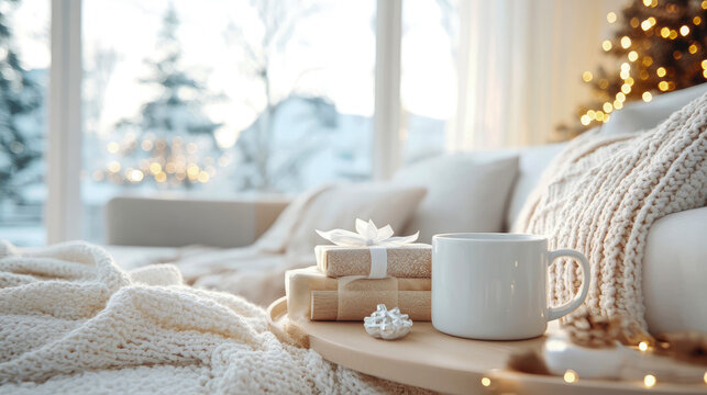 Cozy winter holiday scene indoors with warm knitted blanket, white mug, festive wrapped gifts, and sparkling Christmas lights, overlooking snowy outdoor landscape.