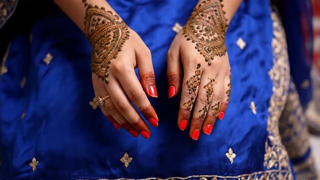 Intricate traditional indian bridal mehndi henna design applied on woman's hands during hindu wedding ceremony ritual