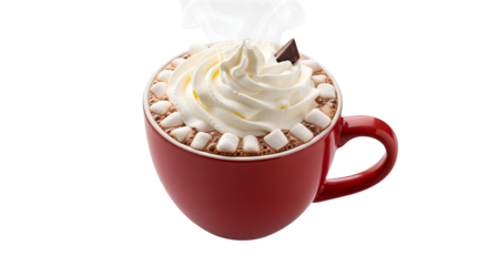 Delicious Hot Chocolate with Whipped Cream and Marshmallows in a Red Mug  isolated on transparent background, png 