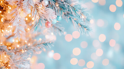 Enchanting frosted Christmas tree branches adorned with delicate pastel baubles and twinkling golden lights creating magical winter holiday bokeh background