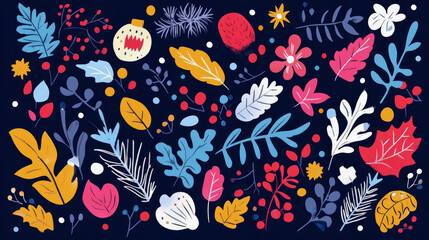 Colorful stylized botanical illustration featuring diverse autumn and winter leaves, berries, and festive elements on dark navy blue background