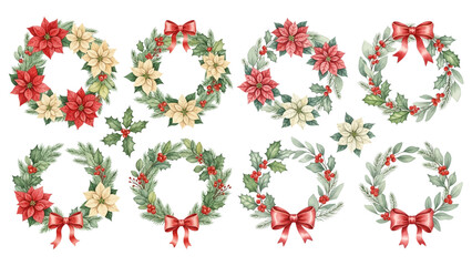 A festive collection of watercolor Christmas wreaths and garlands decorated with red and cream poinsettias and bows on a transparent background.