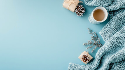 Cozy winter flat lay with warm drink, festive pinecone gifts, and soft blue knitted blanket on serene pastel background, perfect for holiday greetings and comfort.