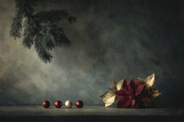 Still life with pine branch and red ornaments on a textured dark background with dramatic lighting