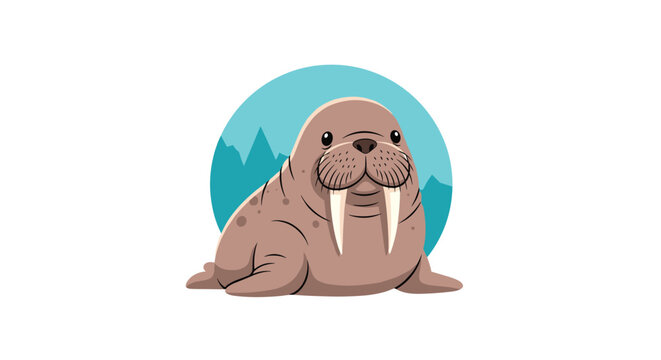 Cute cartoon walrus with tusks sitting in front of icy blue mountains and sky.