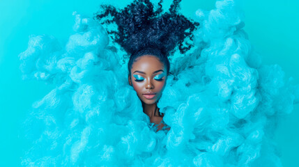 Stunning portrait of African American woman with closed eyes, striking blue eyeshadow, and voluminous curly hair, enveloped in dreamy, swirling cyan material.