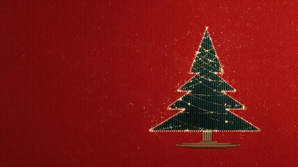 Minimalist christmas tree silhouette with textured red background and subtle glitter effect