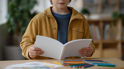 Child holding open blank white book near crayons and markers on a table — concept of children’s book design, creativity, and art education mockup photography. cinematic color correction, natural