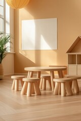 Wooden children's round table and stools in bright room with sunlight.