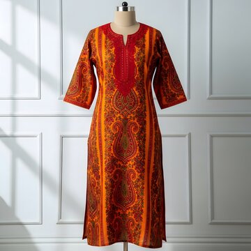 Colorful patterned kurti displayed on a mannequin showcasing vibrant ethnic fashion